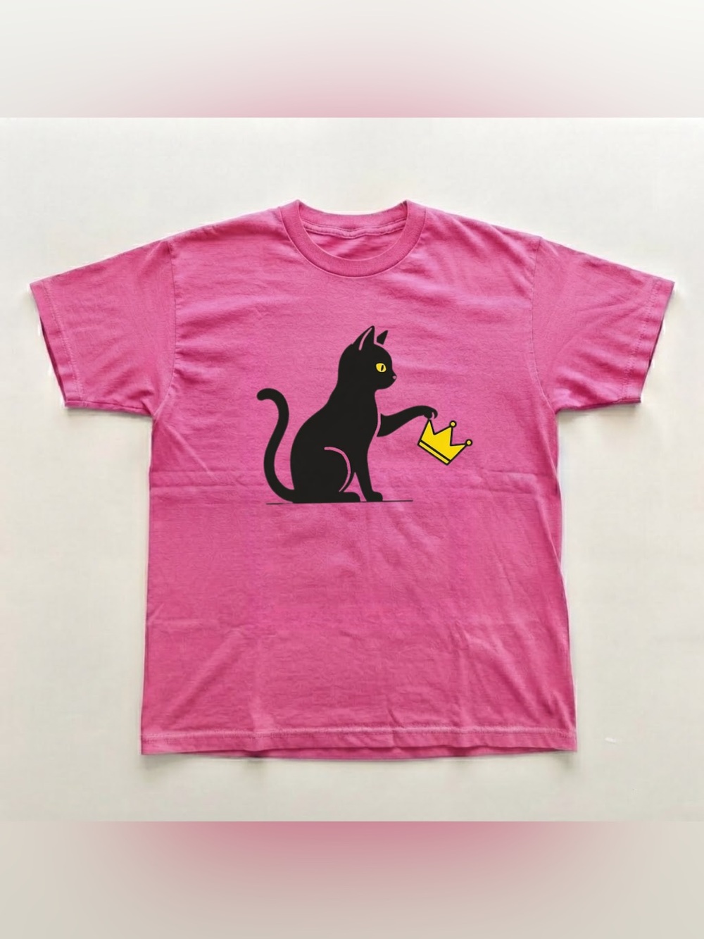 Pink Tee with Black Cat and Yellow Crown